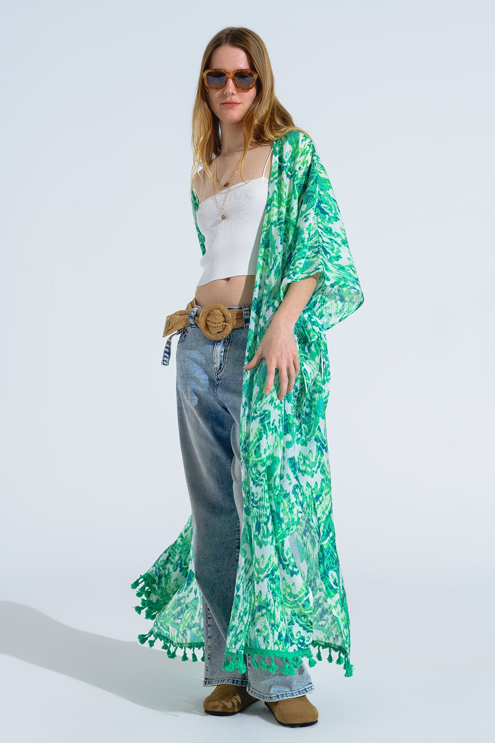 Kimono long vert avec fermeture à cordon de serrage en imprimé tribal