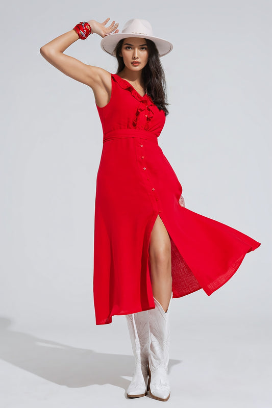 Q2 longue robe rouge à volants et boutons