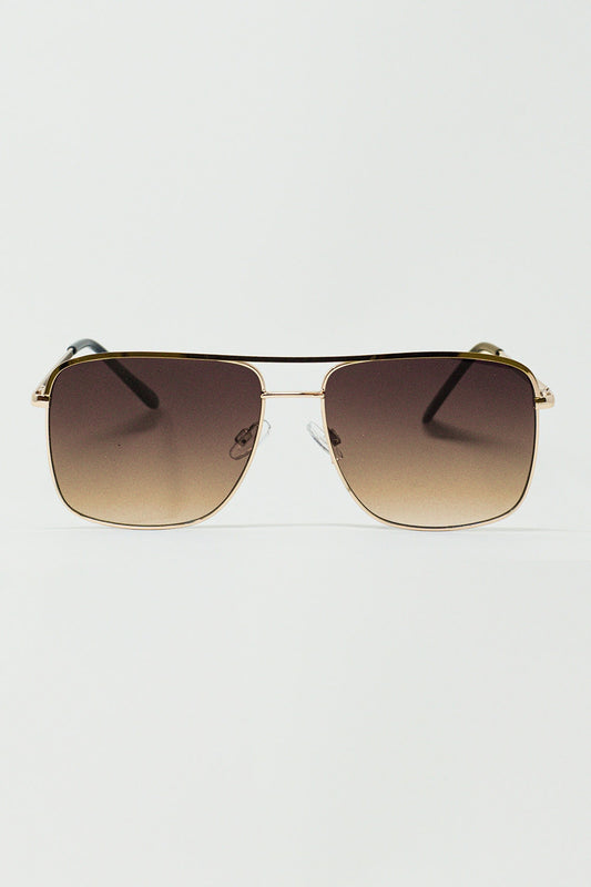 Q2 Lunettes Aviator Vintage avec Bordure Dorée en Beige