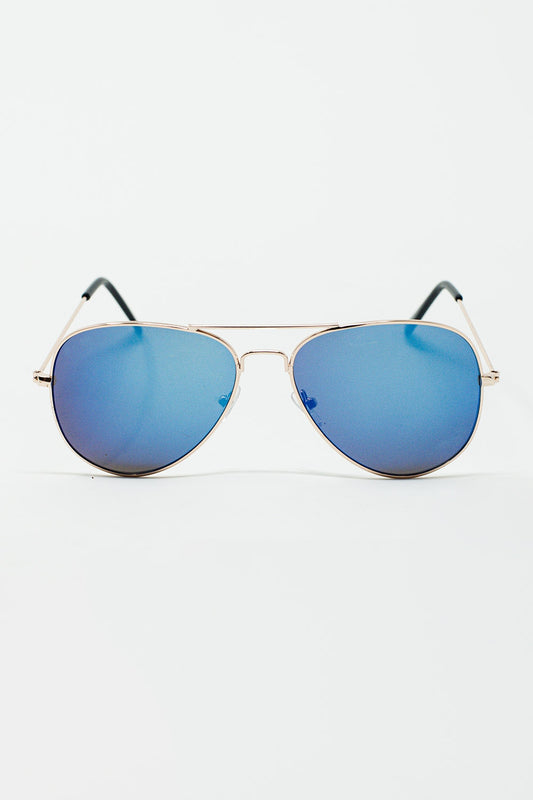 Q2 Lunettes de soleil aviateur rétro avec verre fumé bleu et monture dorée