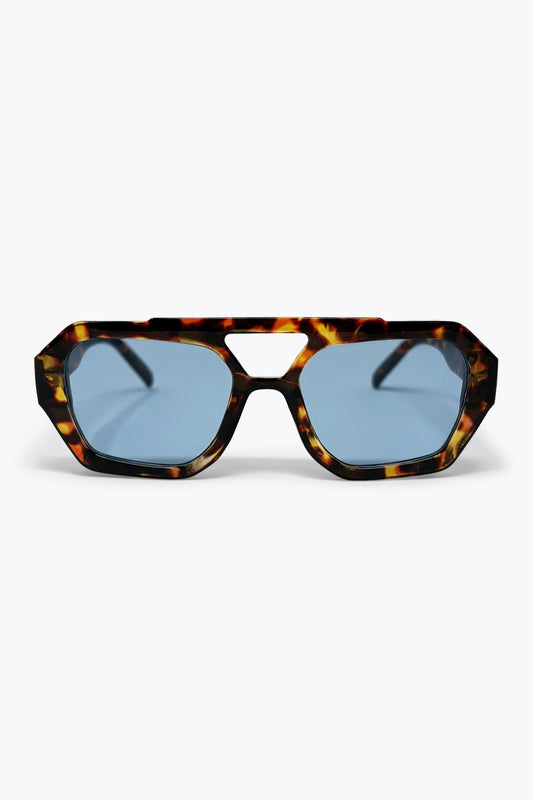 Q2 Lunettes de soleil carrées avec monture écaille et verres bleus