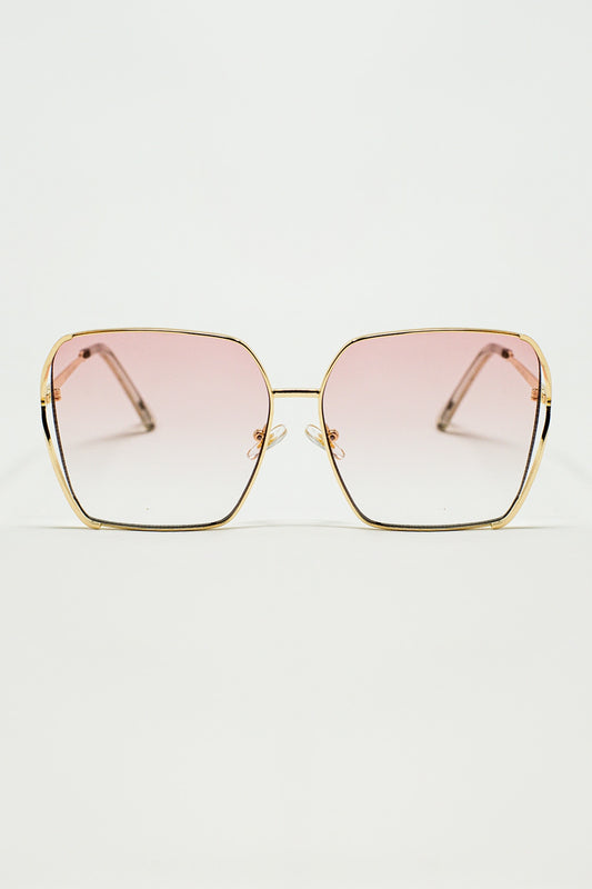 Q2 Lunettes de soleil carrées surdimensionnées en métal avec verres dégradés rose clair