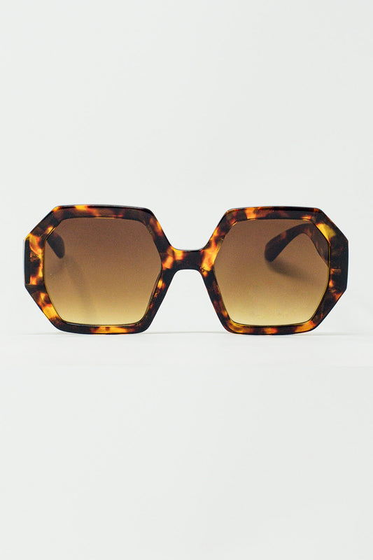 Q2 Lunettes de soleil oversize hexagonales en écaille de tortue foncée