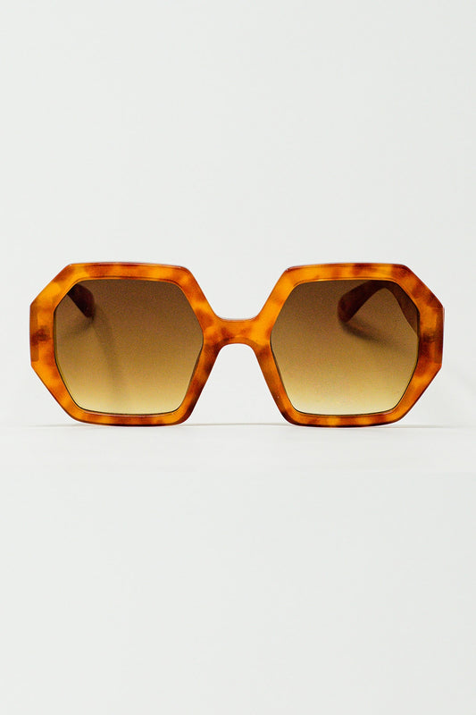 Q2 Lunettes de soleil oversize hexagonales en écaille de tortue vintage