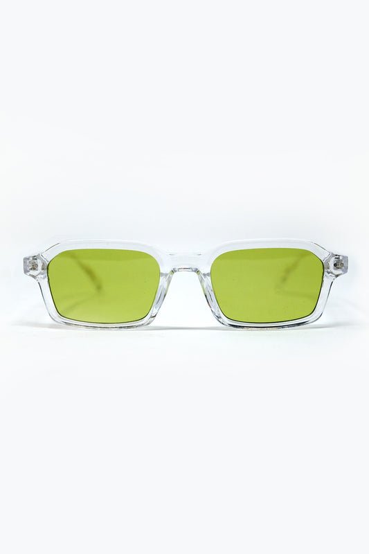 Q2 Lunettes de soleil rectangulaires à monture transparente en acétate épais avec verre fumé vert