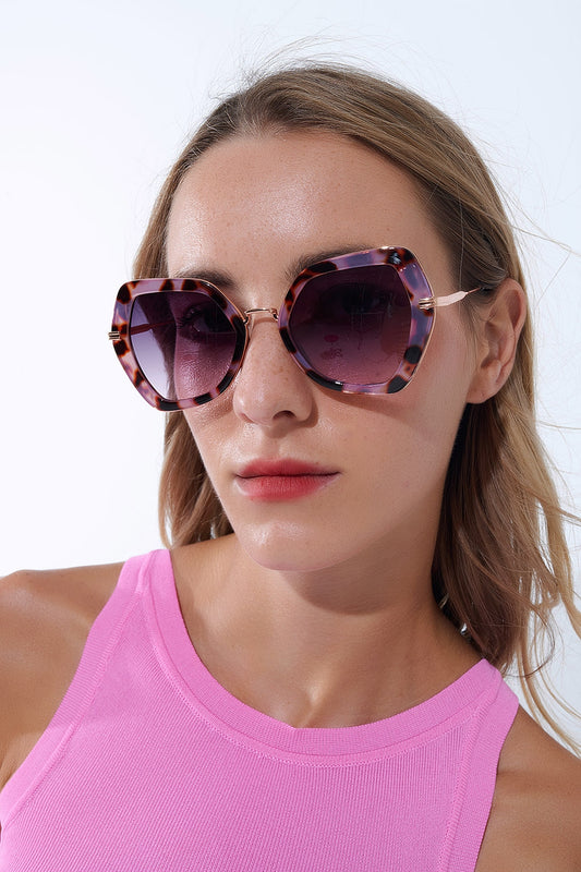 Q2 Lunettes de soleil yeux de chat hexagonales extra-larges en écaille de tortue mauve