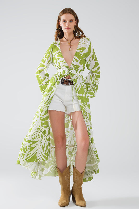 Q2 Maxi kimono vert avec imprimé palmier tropical