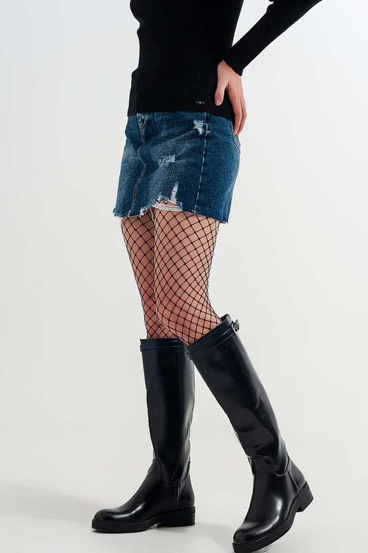 Q2 Mini jupe en denim taille haute avec des déchirures moyennement délavées