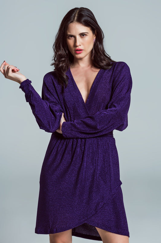 Q2 Mini robe à paillettes avec col en V profond en violet