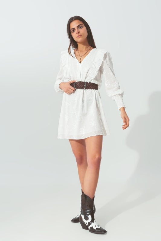 Q2 Mini Robe à Volants Floraux en Blanc