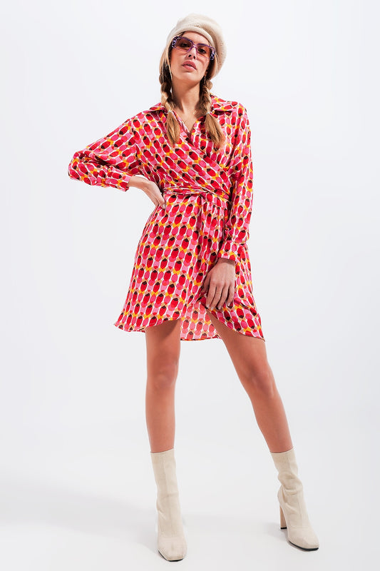 Q2 Mini robe boutonnée sur le devant à taille nouée et imprimé rouge