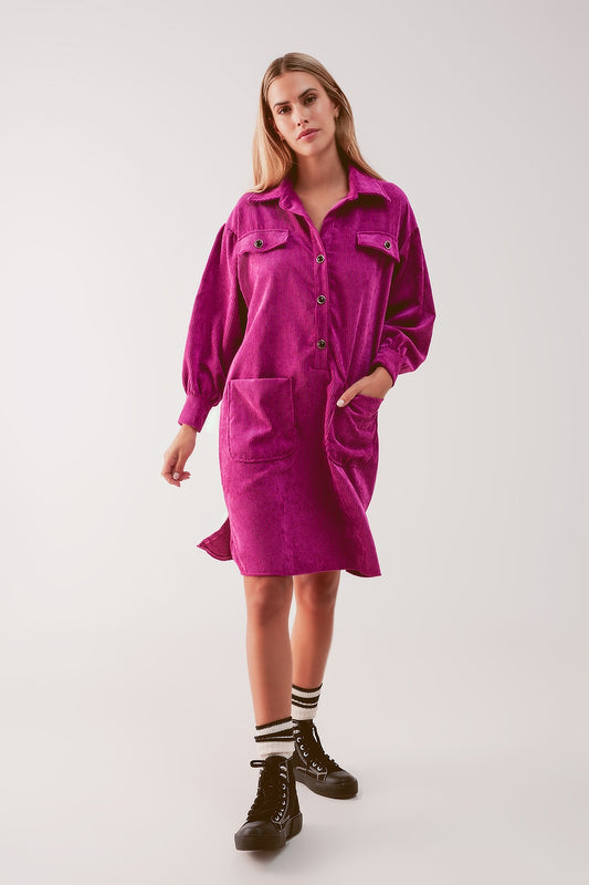 Q2 Mini robe chemise en velours côtelé fuchsia