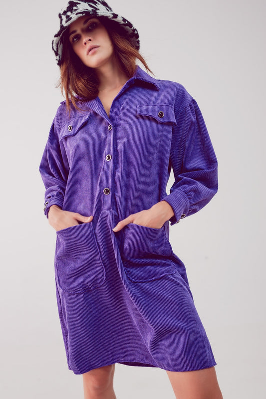 Q2 Mini robe chemise en velours côtelé pourpre