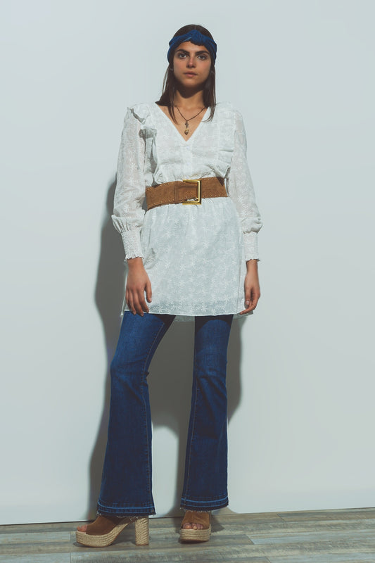 Q2 Mini Robe Texturée à Fleurs en Blanc