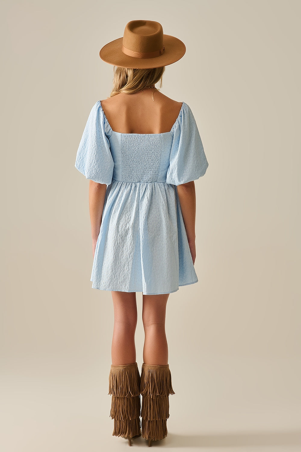 Mini robe texturée à manches bouffantes en bleu clair