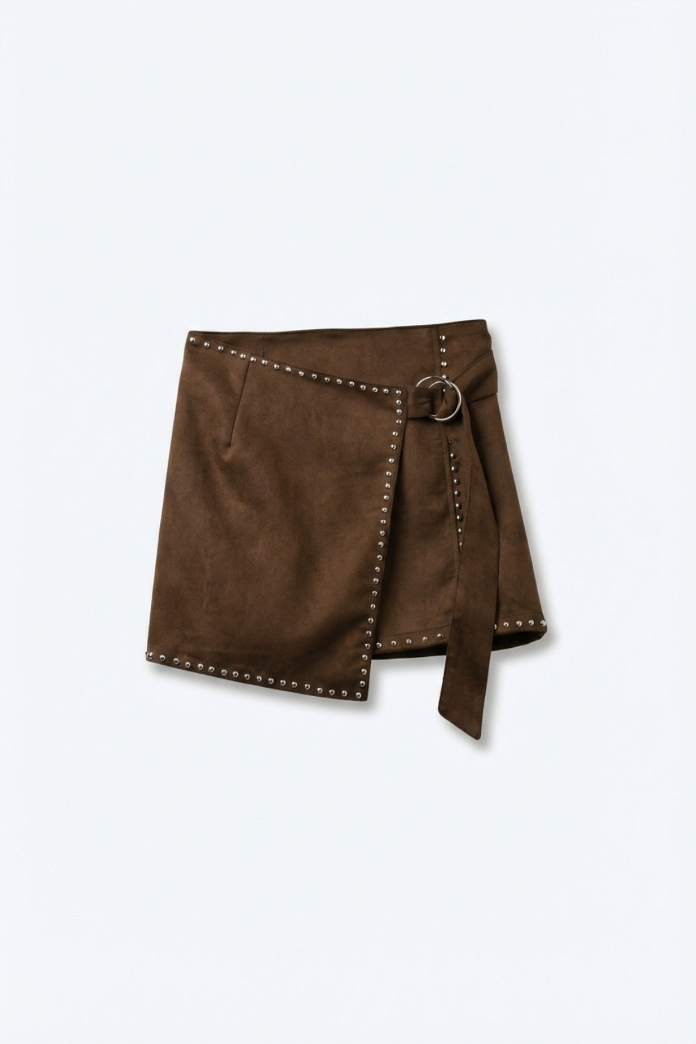 Minijupe enveloppante cloutée marron avec ceinture