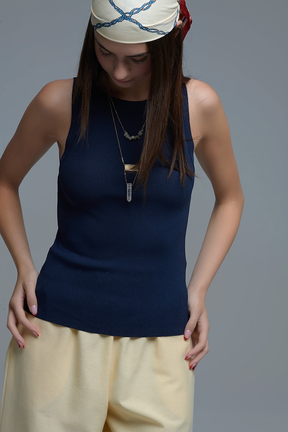 Navy - Top sans manches en maille fine côtelée