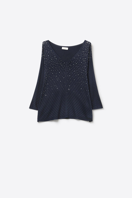 Q2 Pull en maille bleu marine à col en V orné