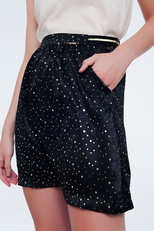 Q2 noire mini jupe avec plis en or polka dot