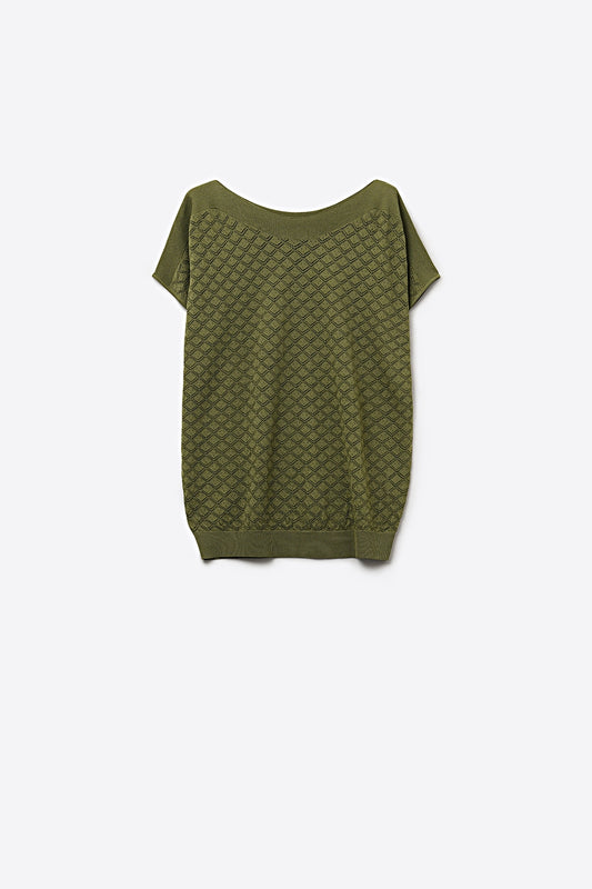 Q2 Haut en maille texturée vert olive à manches courtes