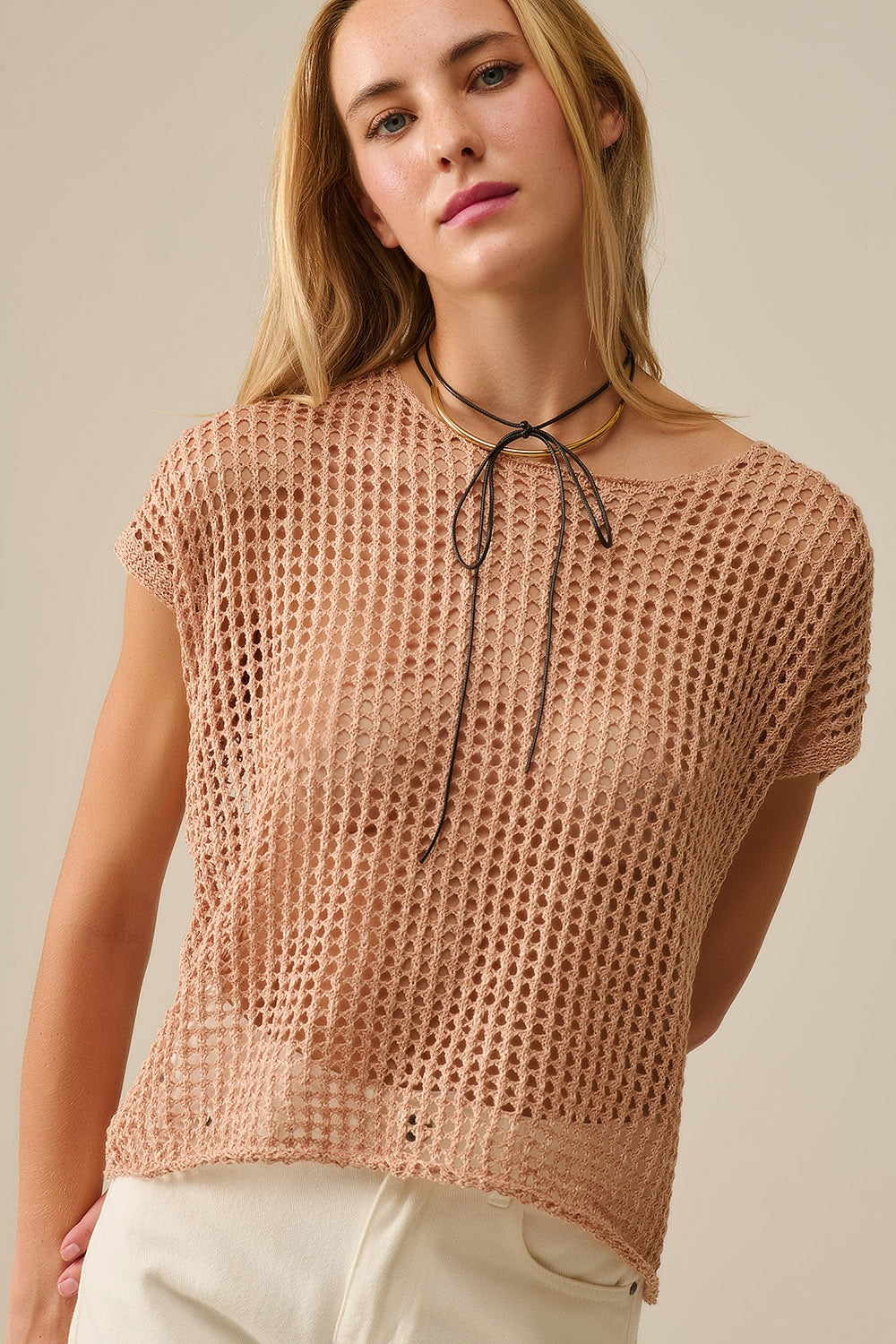 Q2 Open Knit Crochet dropped Sleeved Top in Camel
