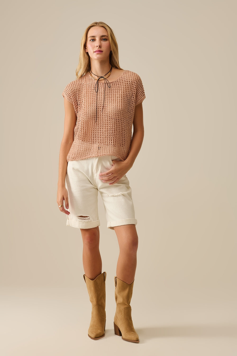 Open Knit Crochet dropped Sleeved Top in Camel