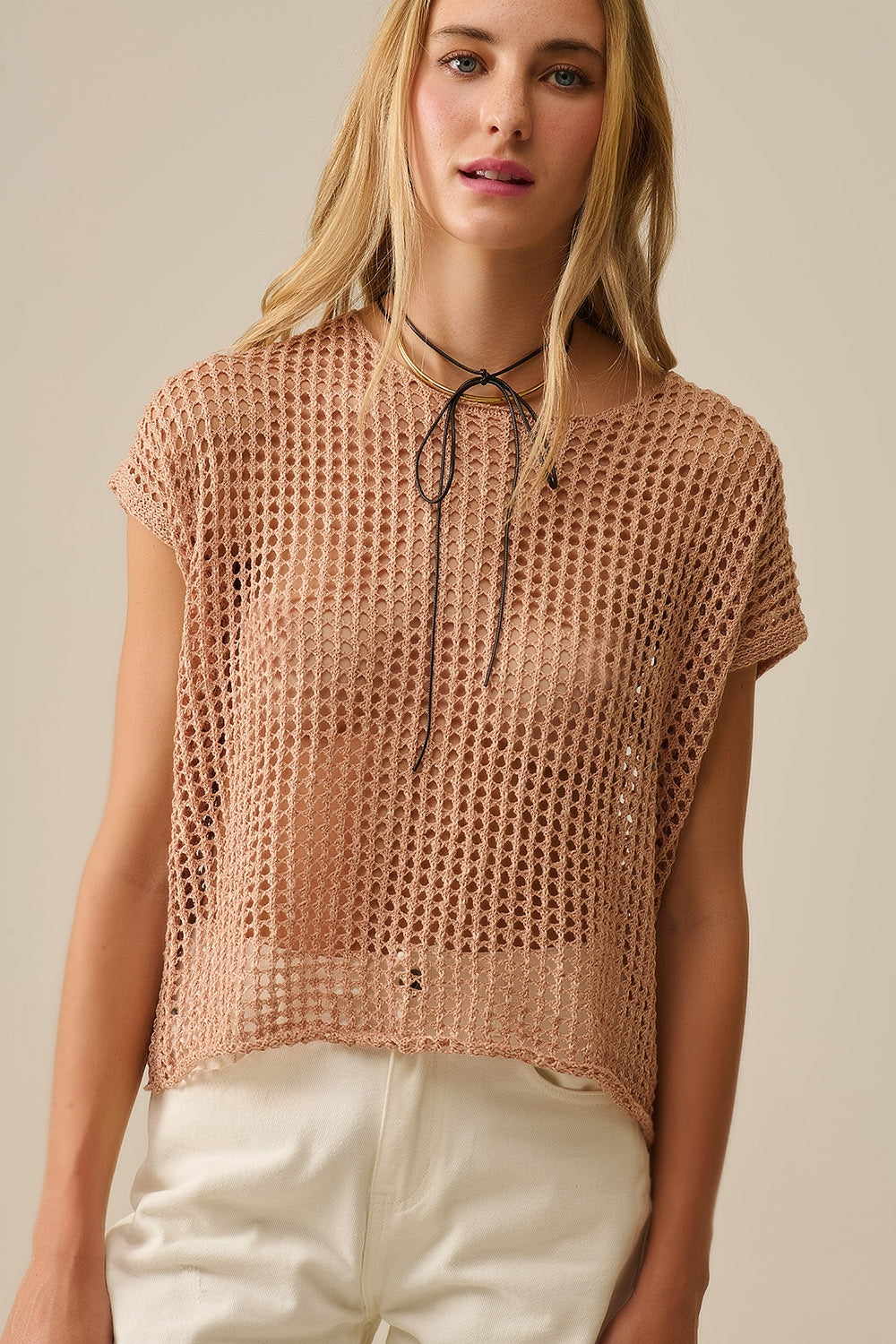 Open Knit Crochet dropped Sleeved Top in Camel