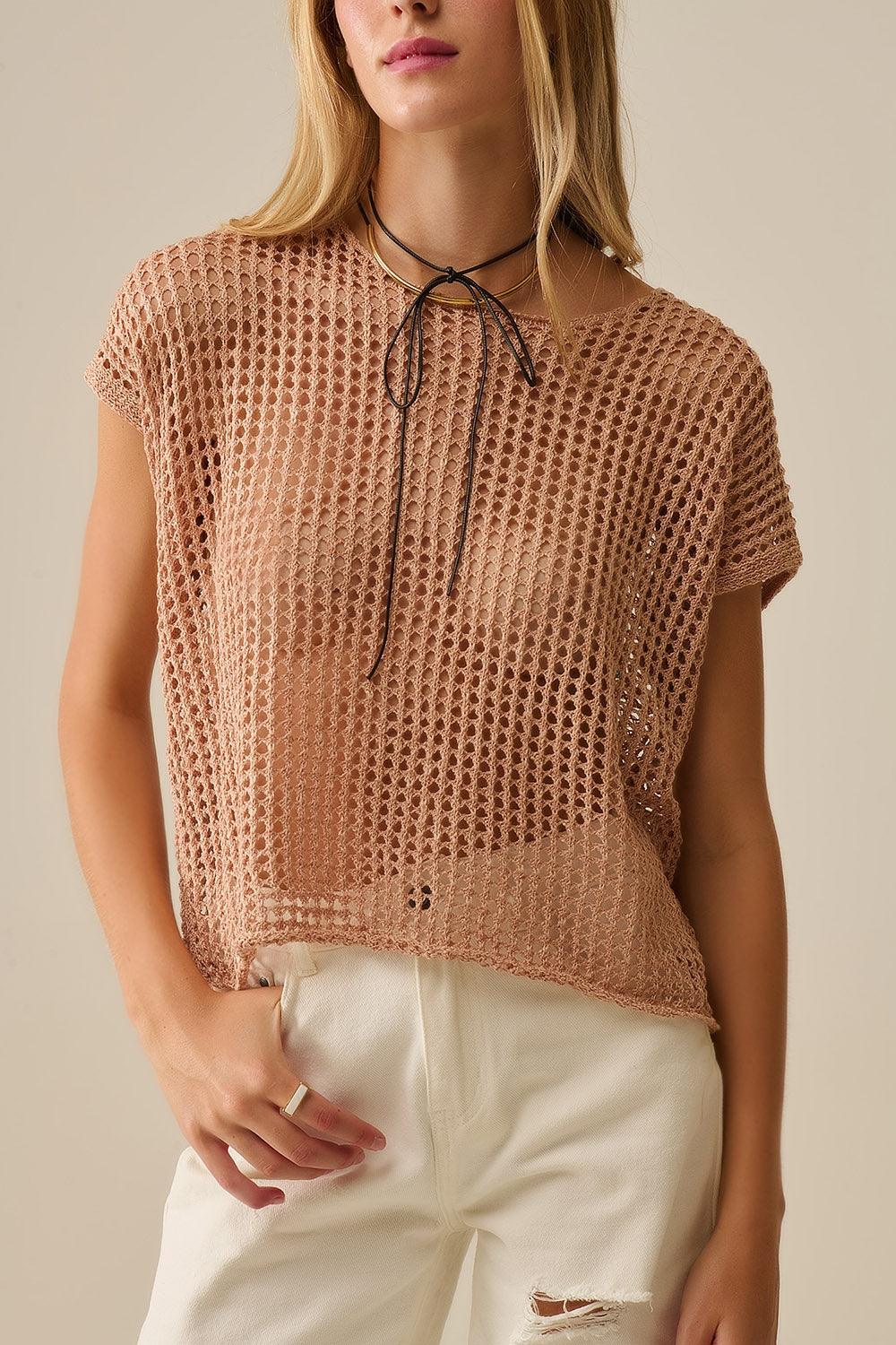 Open Knit Crochet dropped Sleeved Top in Camel