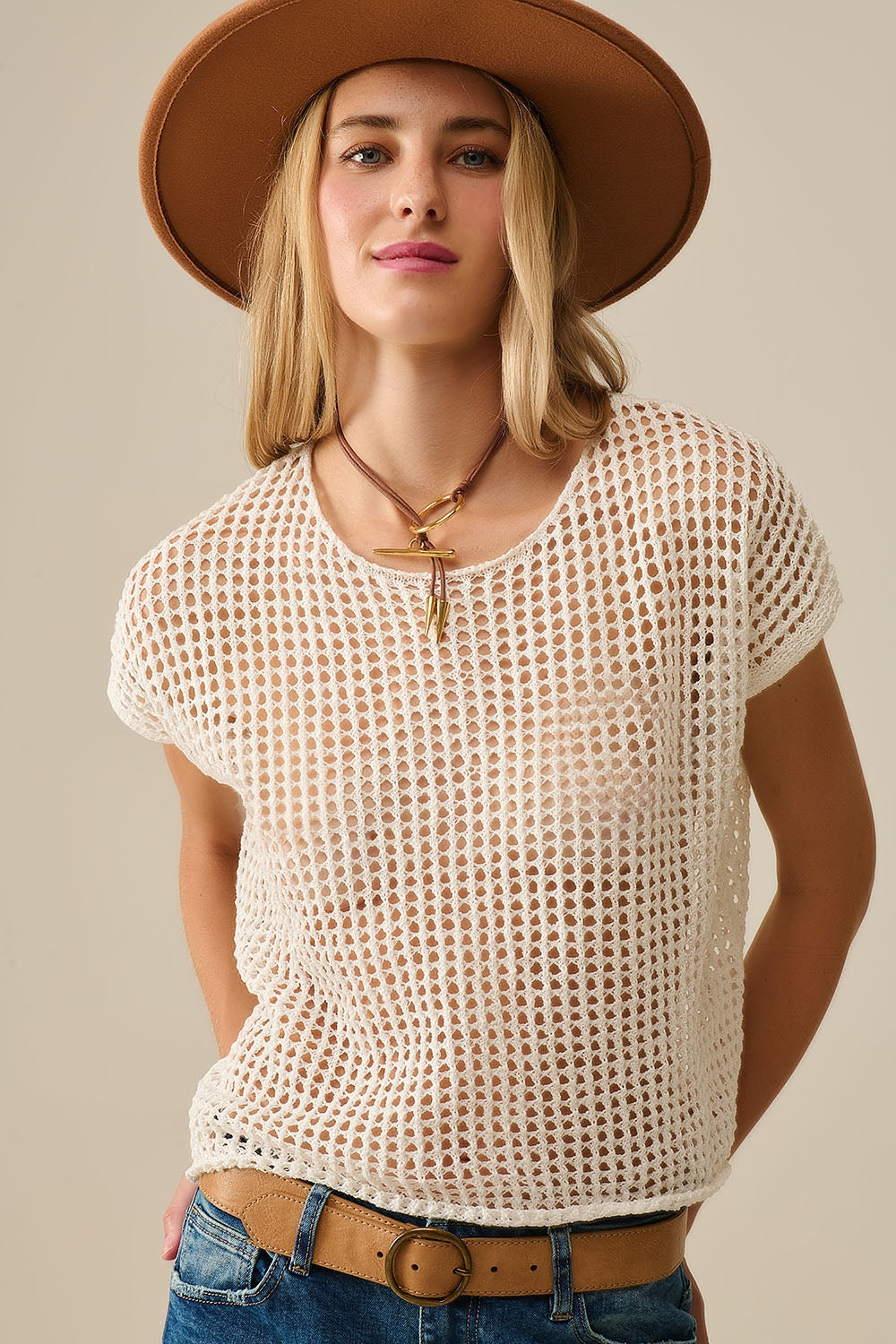 Q2 Open Knit Crochet dropped Sleeved Top in white
