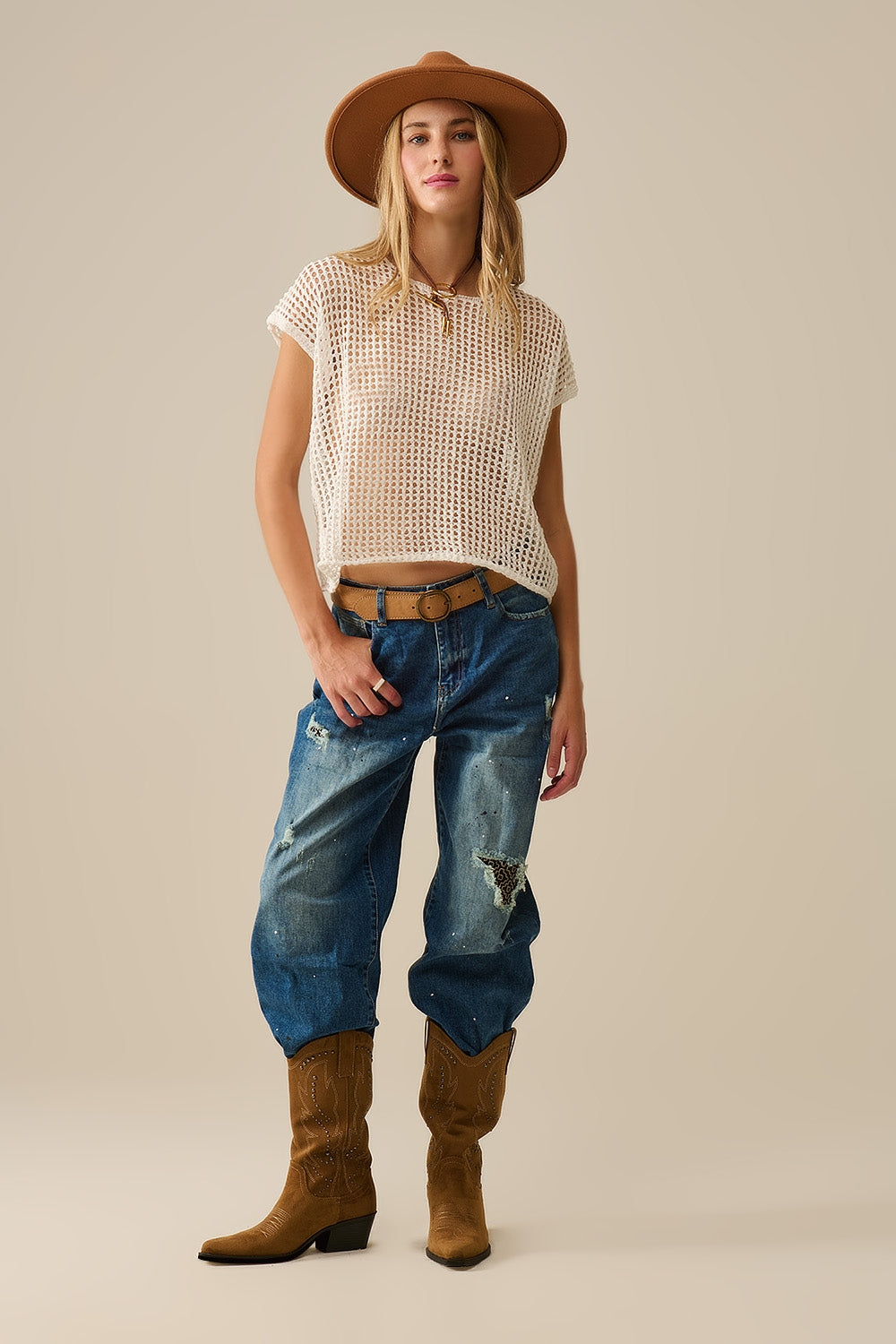 Open Knit Crochet dropped Sleeved Top in white