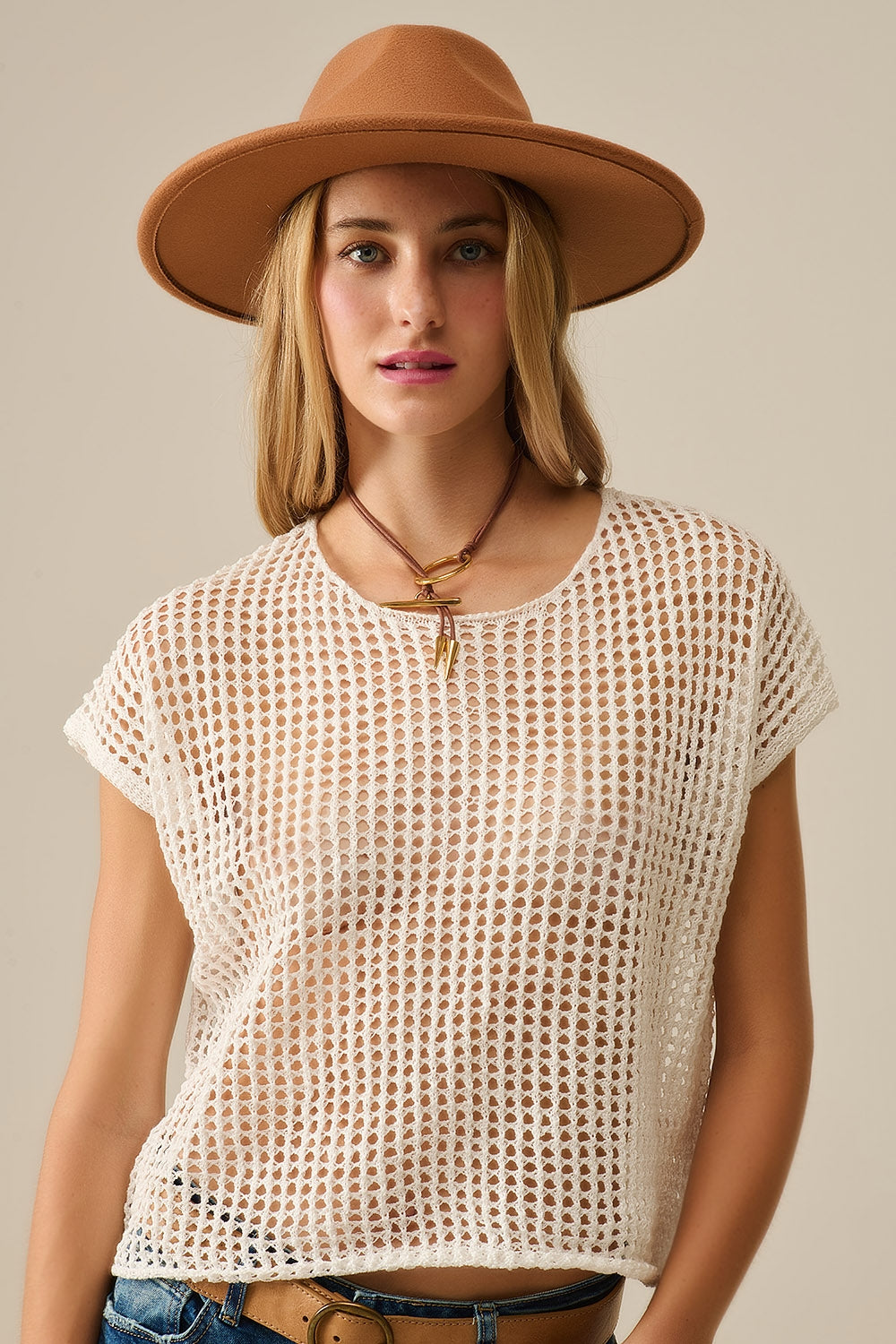 Open Knit Crochet dropped Sleeved Top in white