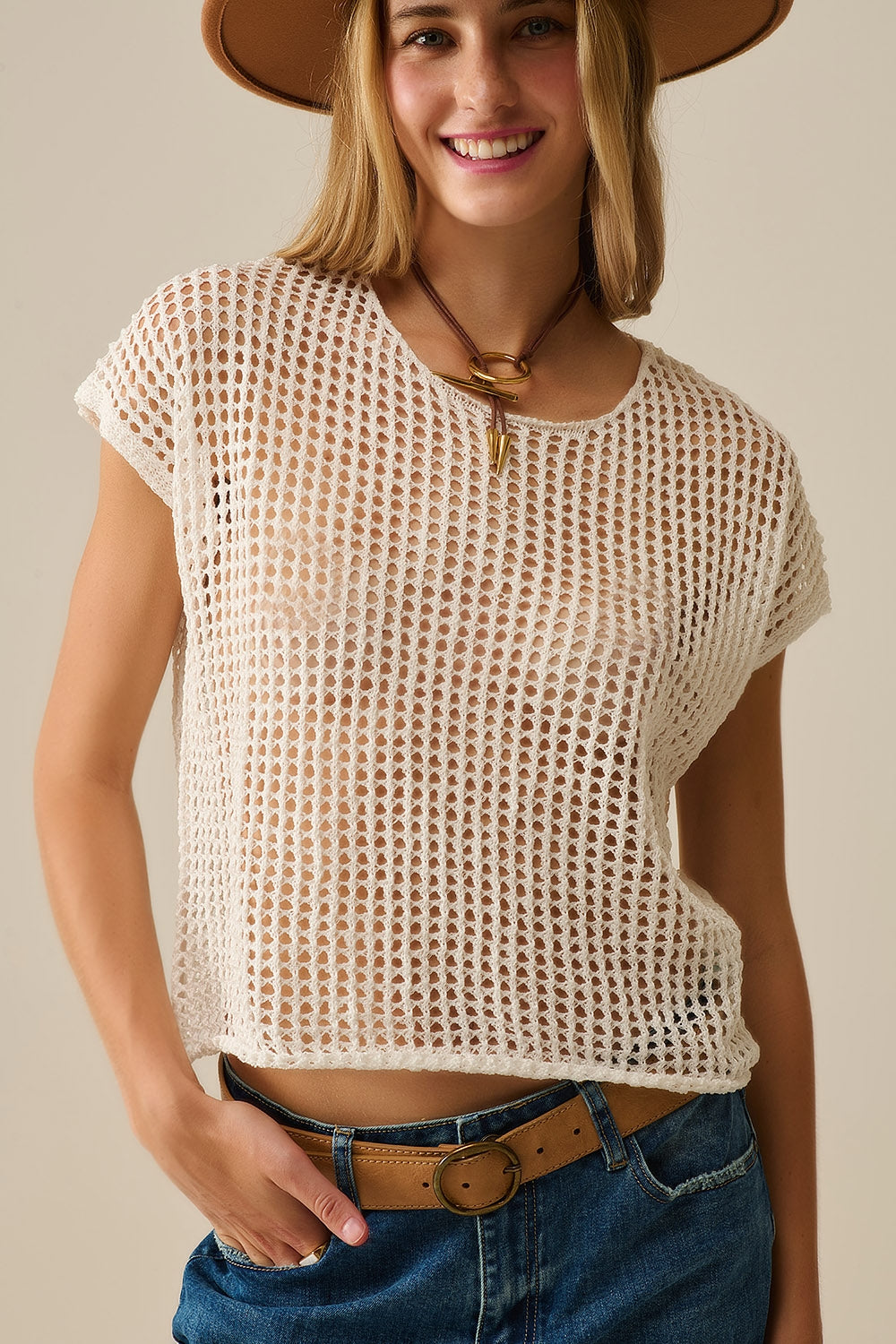 Open Knit Crochet dropped Sleeved Top in white