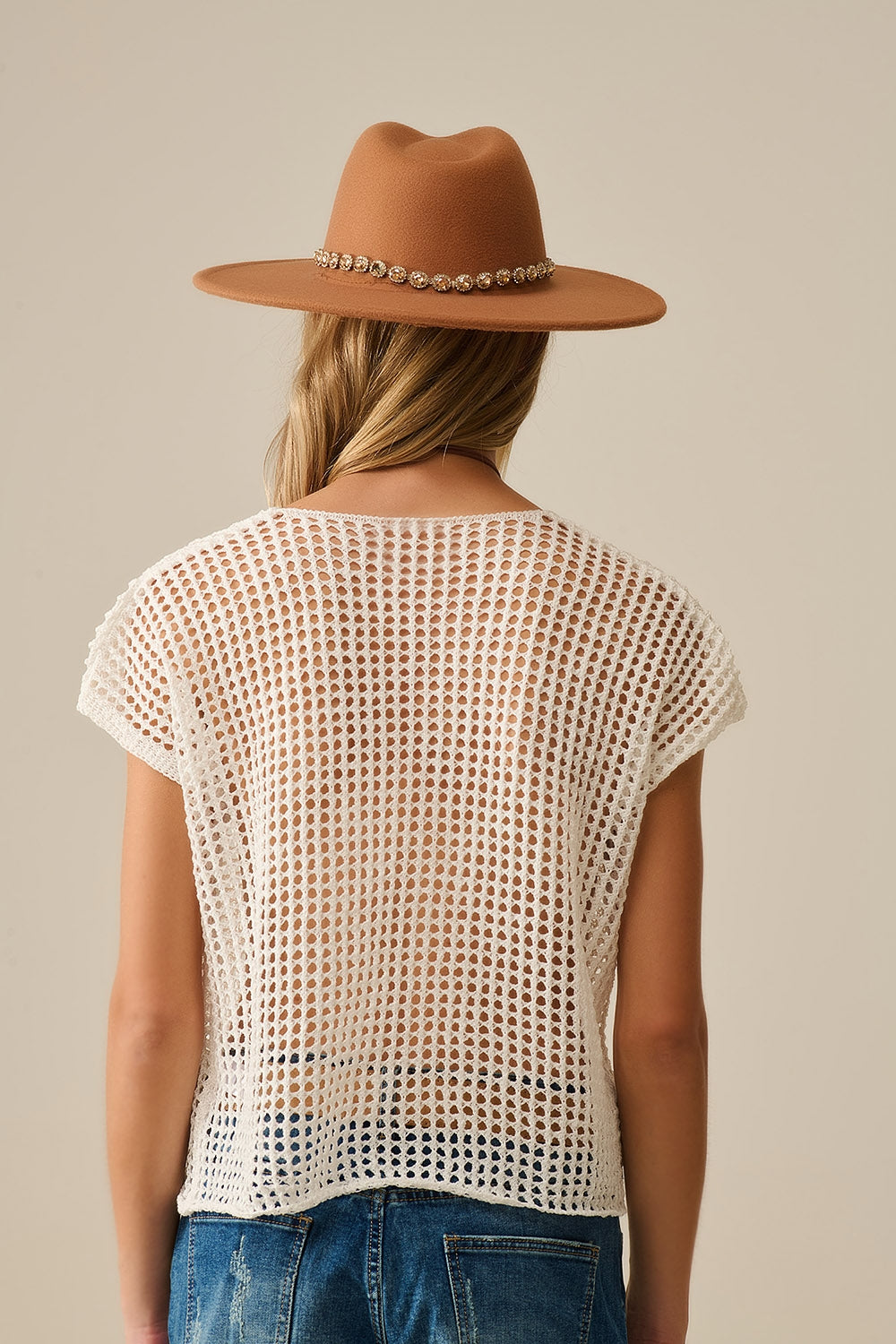 Open Knit Crochet dropped Sleeved Top in white