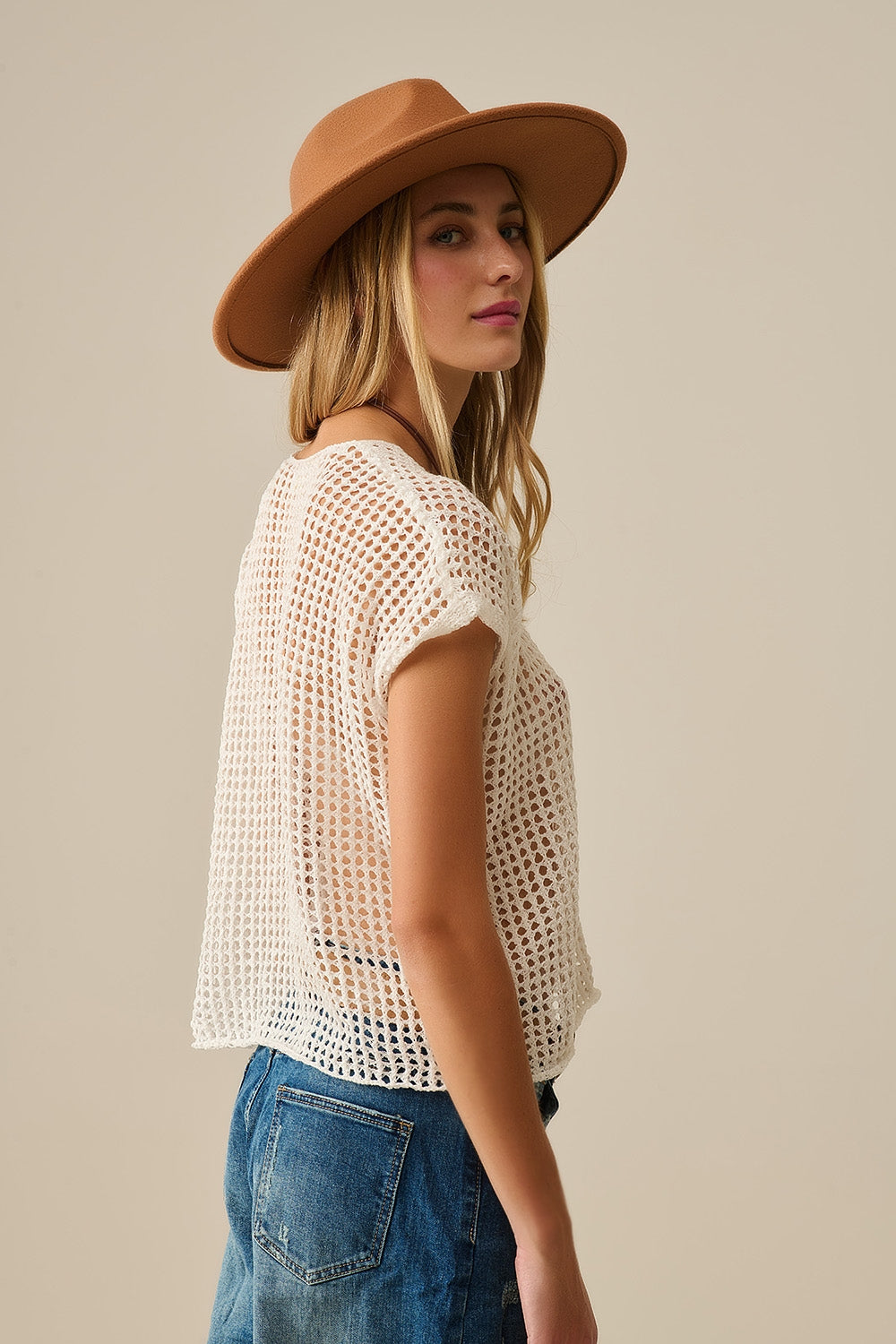 Open Knit Crochet dropped Sleeved Top in white