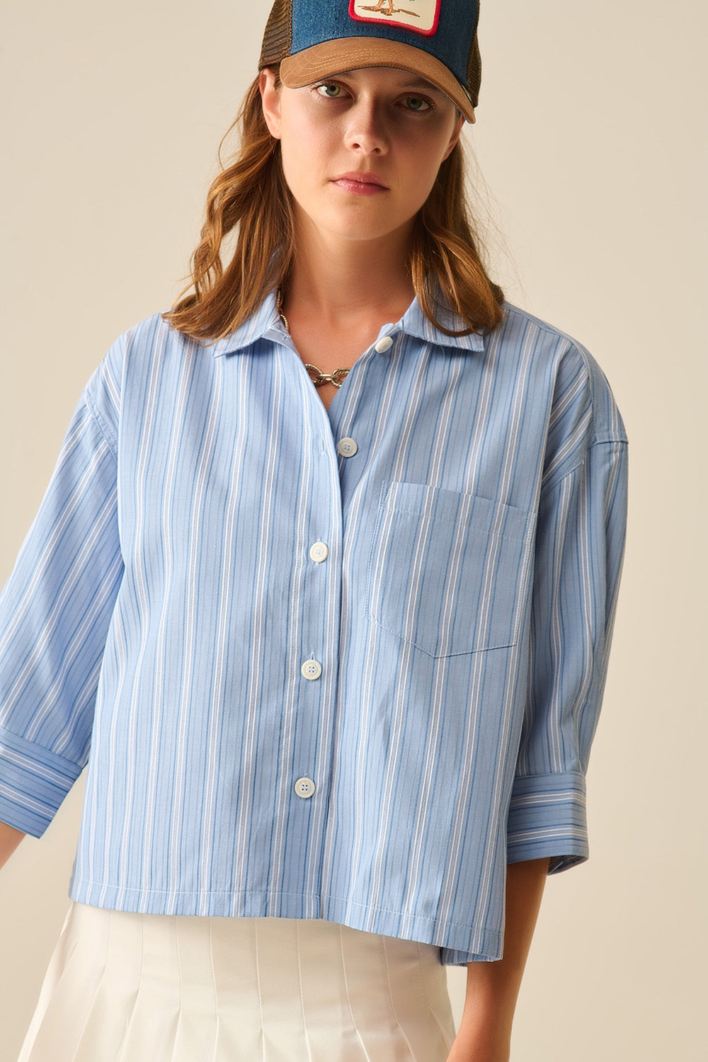 oversized Cropped Striped Shirt in Blue