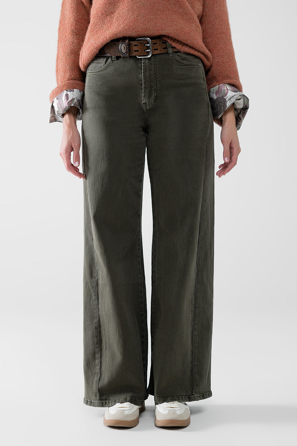 Q2 Pantalon à jambe extra-large de couleur vert olive