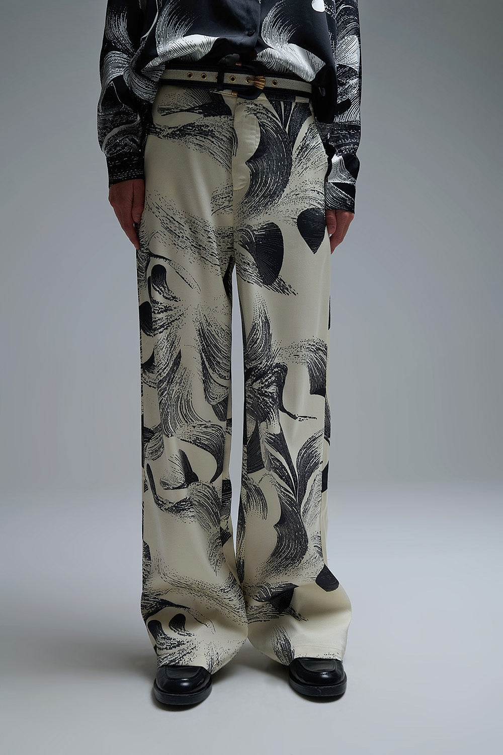 Q2 Pantalon à jambe large élégant imprimé crème