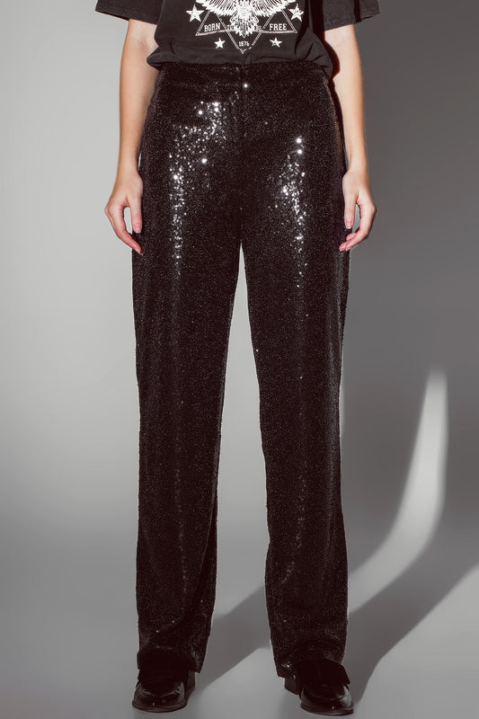 Q2 Pantalon à jambes droites à paillettes en noir