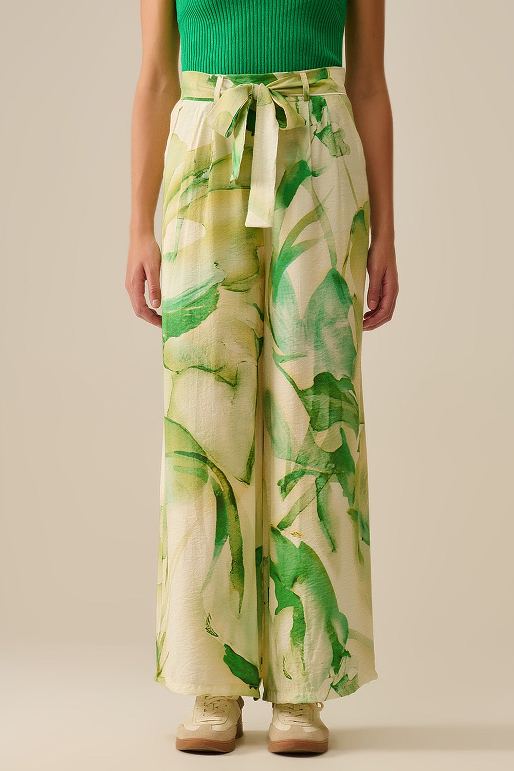 Q2 Pantalon à jambes larges avec imprimé aquarelle vert