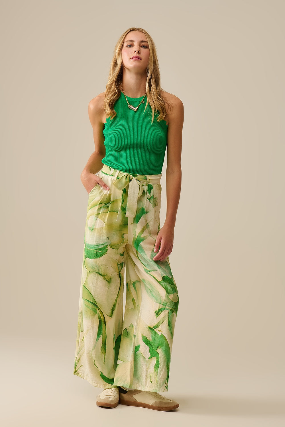 Pantalon à jambes larges avec imprimé aquarelle vert