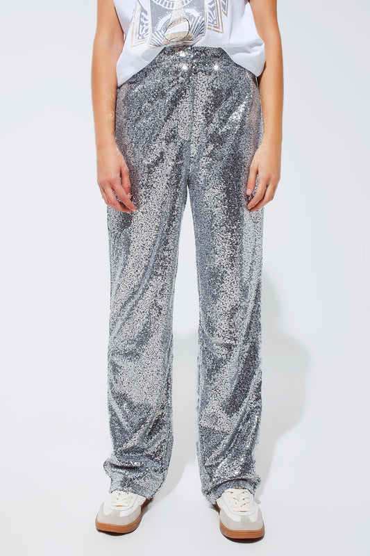 Q2 Pantalon à paillettes argentées
