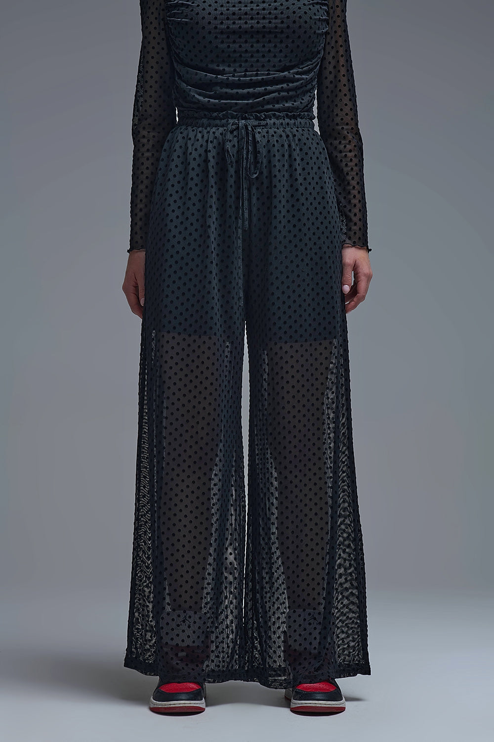 Q2 Pantalon à pois noir transparent Chic