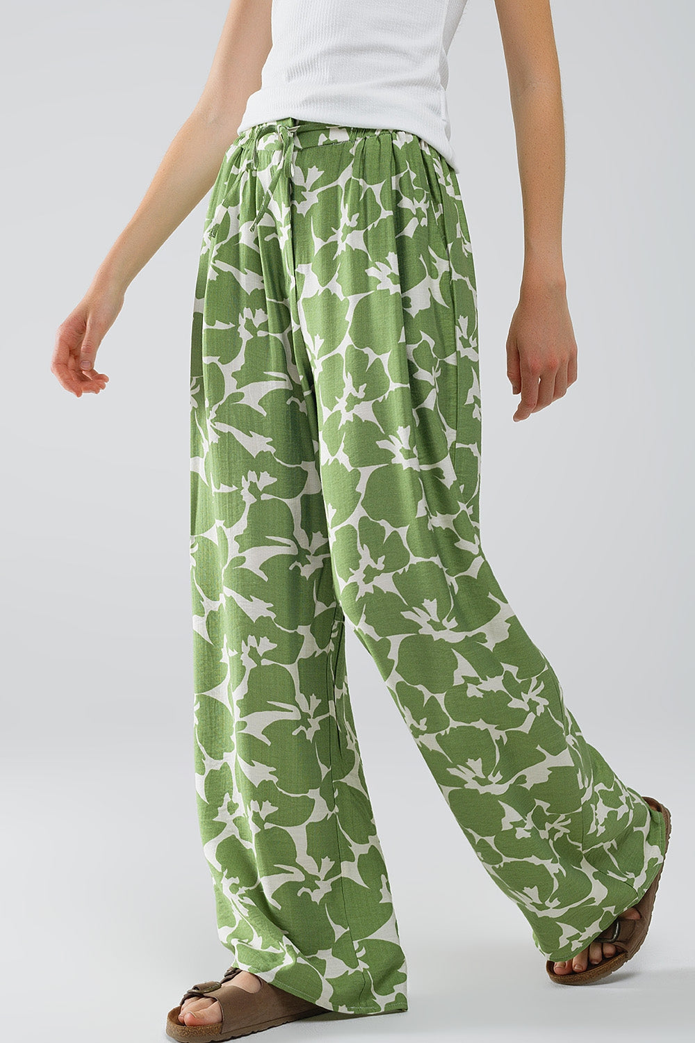 Q2 Pantalon à taille élastiquée avec imprimé floral vert