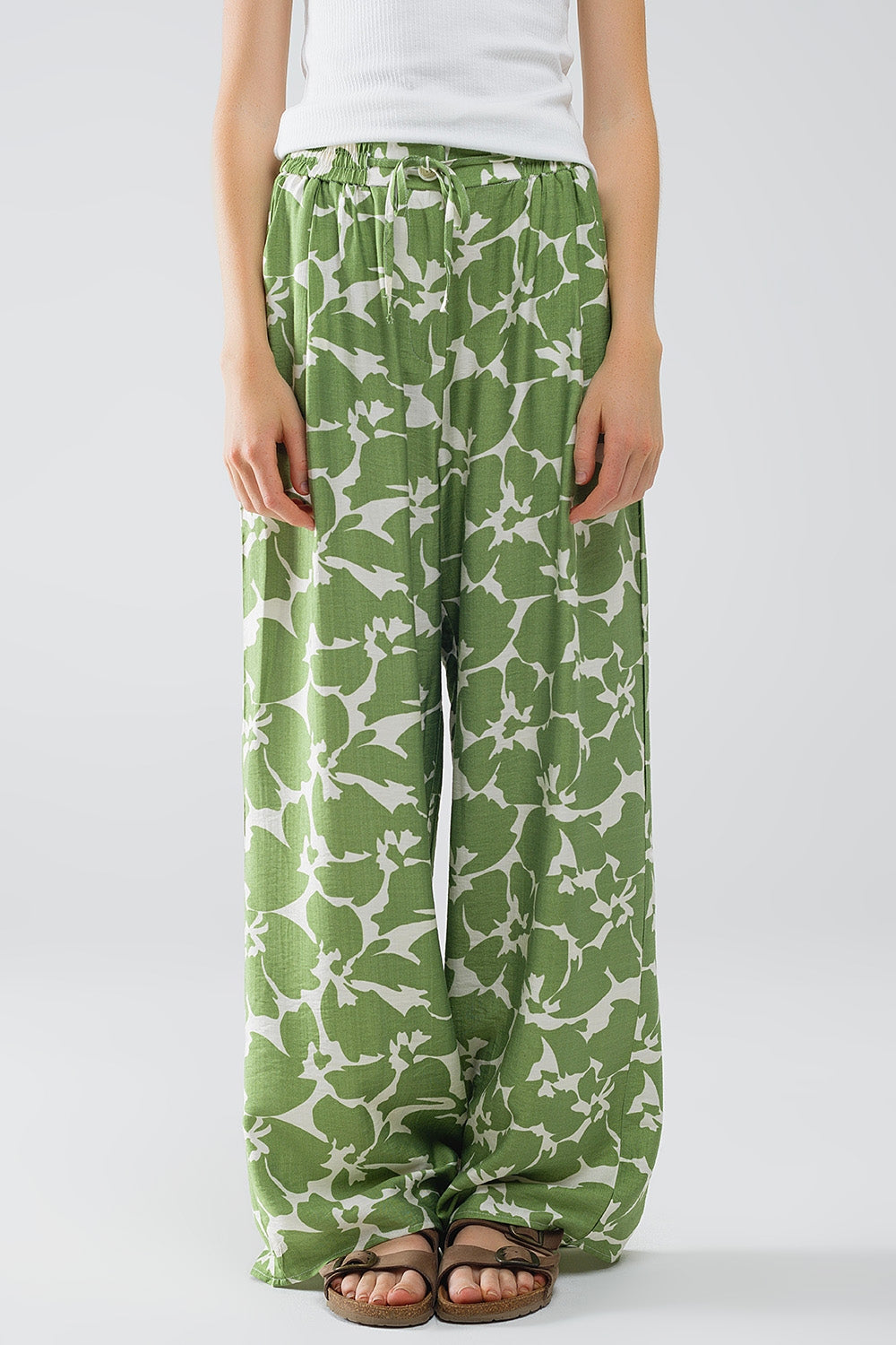 Pantalon à taille élastiquée avec imprimé floral vert