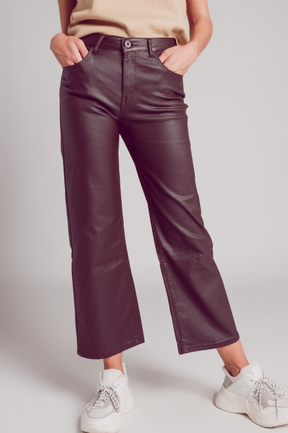 Q2 Pantalon ample en similicuir marron chocolaté
