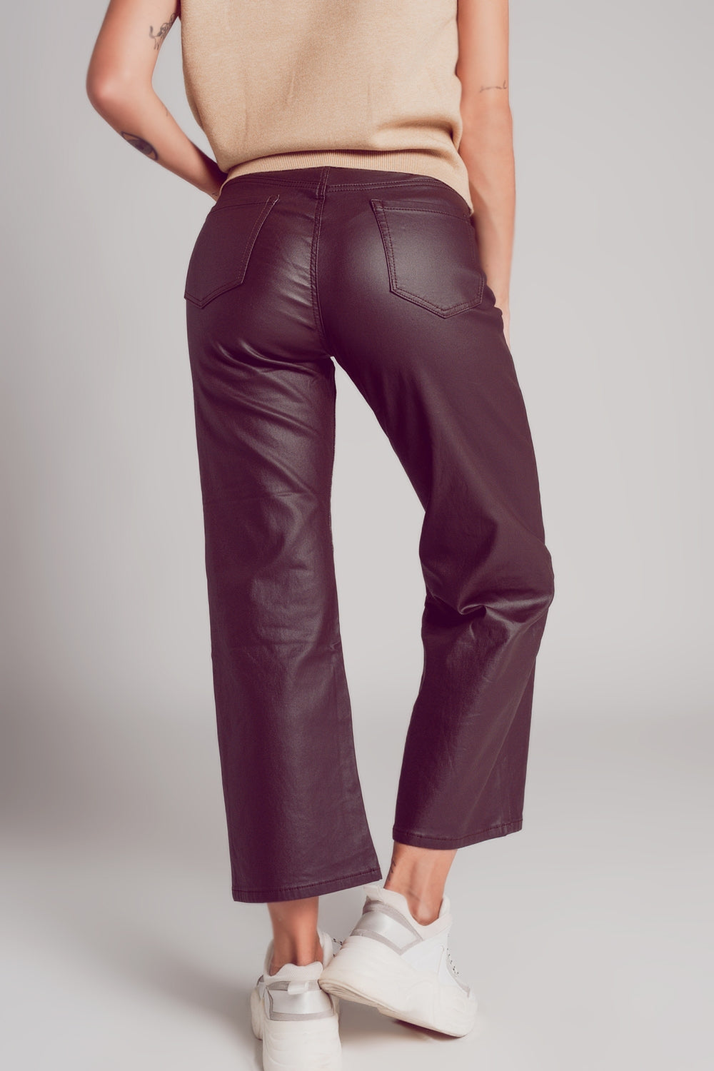 Pantalon ample en similicuir marron chocolaté