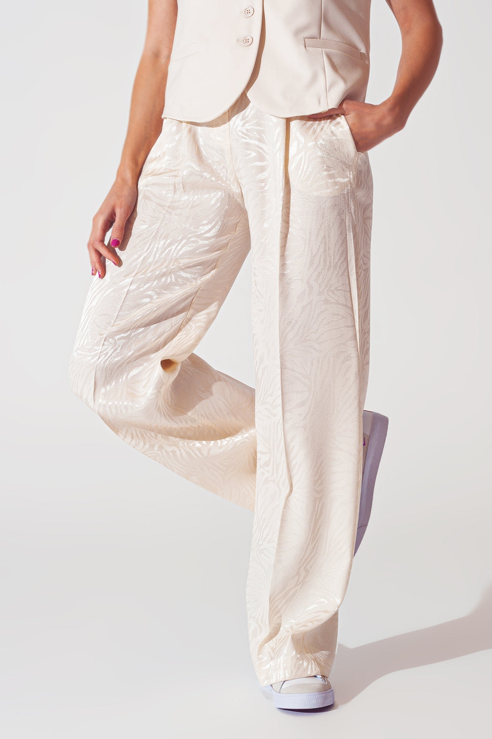 Pantalon ample imprimé zèbre en blanc