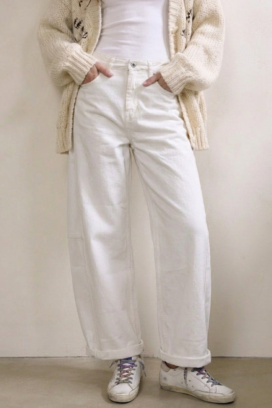 Q2 Pantalon blanc à jambe large décontracté et coupe ample en style tonneau