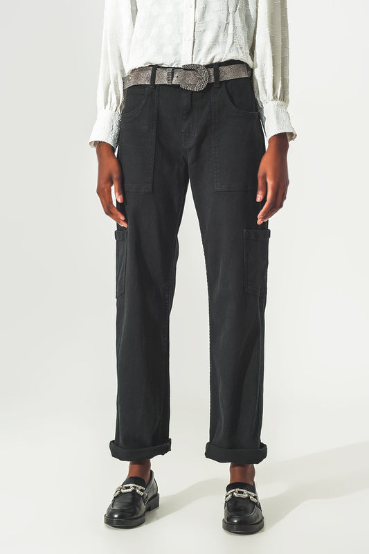 Q2 Pantalon Cargo à Jambe Droite en Noir