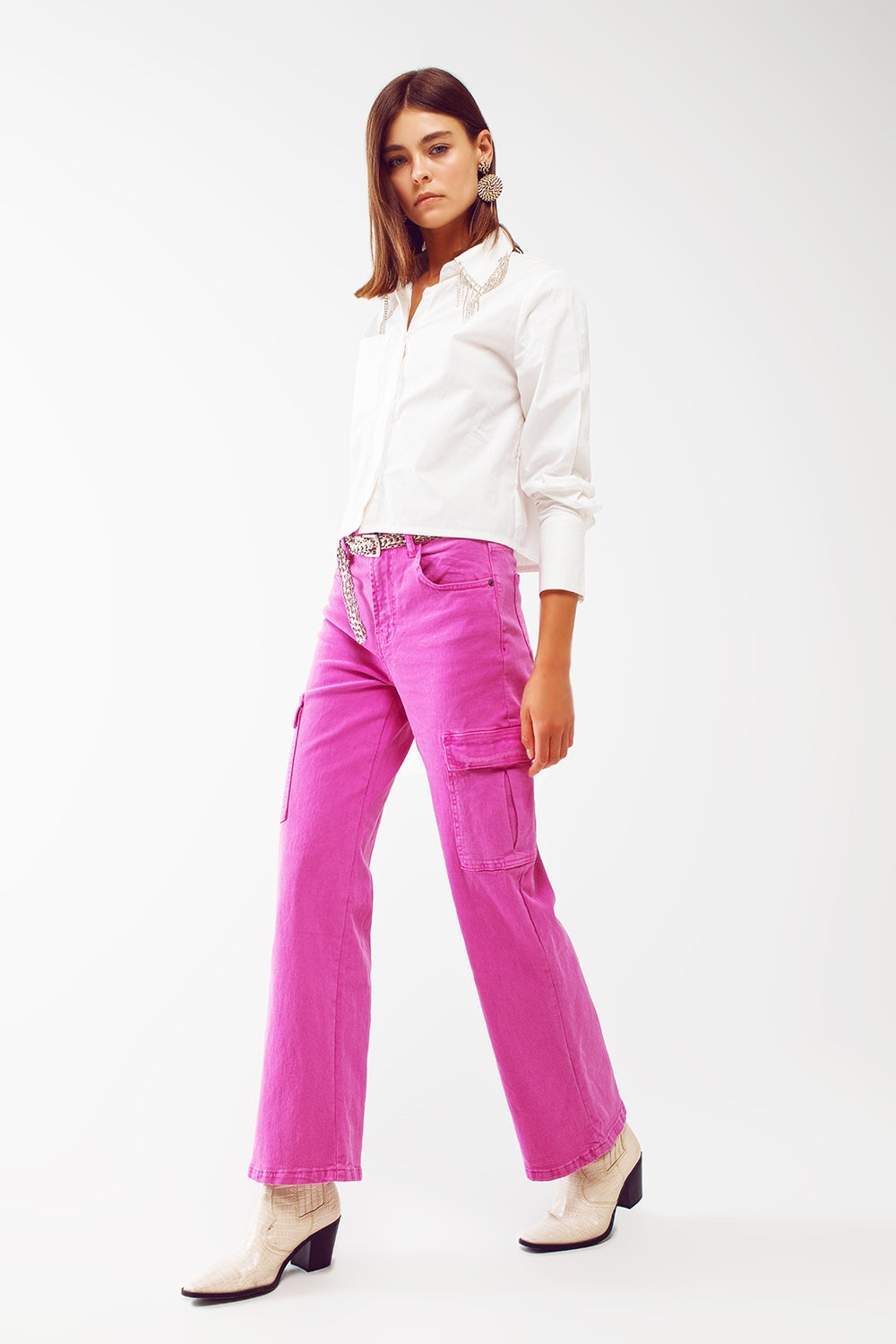 Pantalon cargo droit en fuchsia